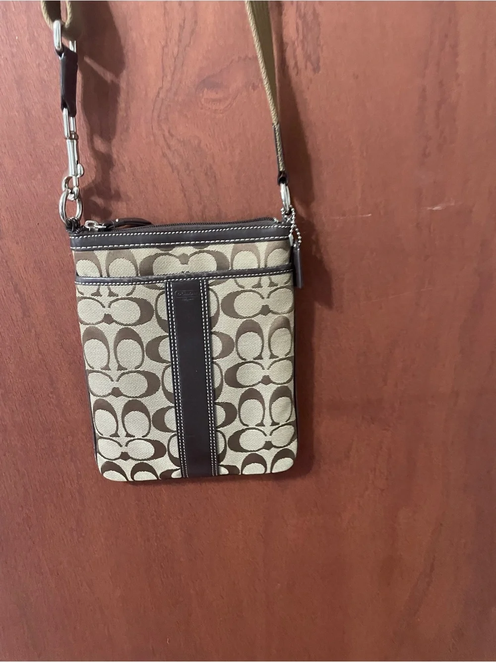 Coach Beige and Brown Signature Crossbody Bag. New